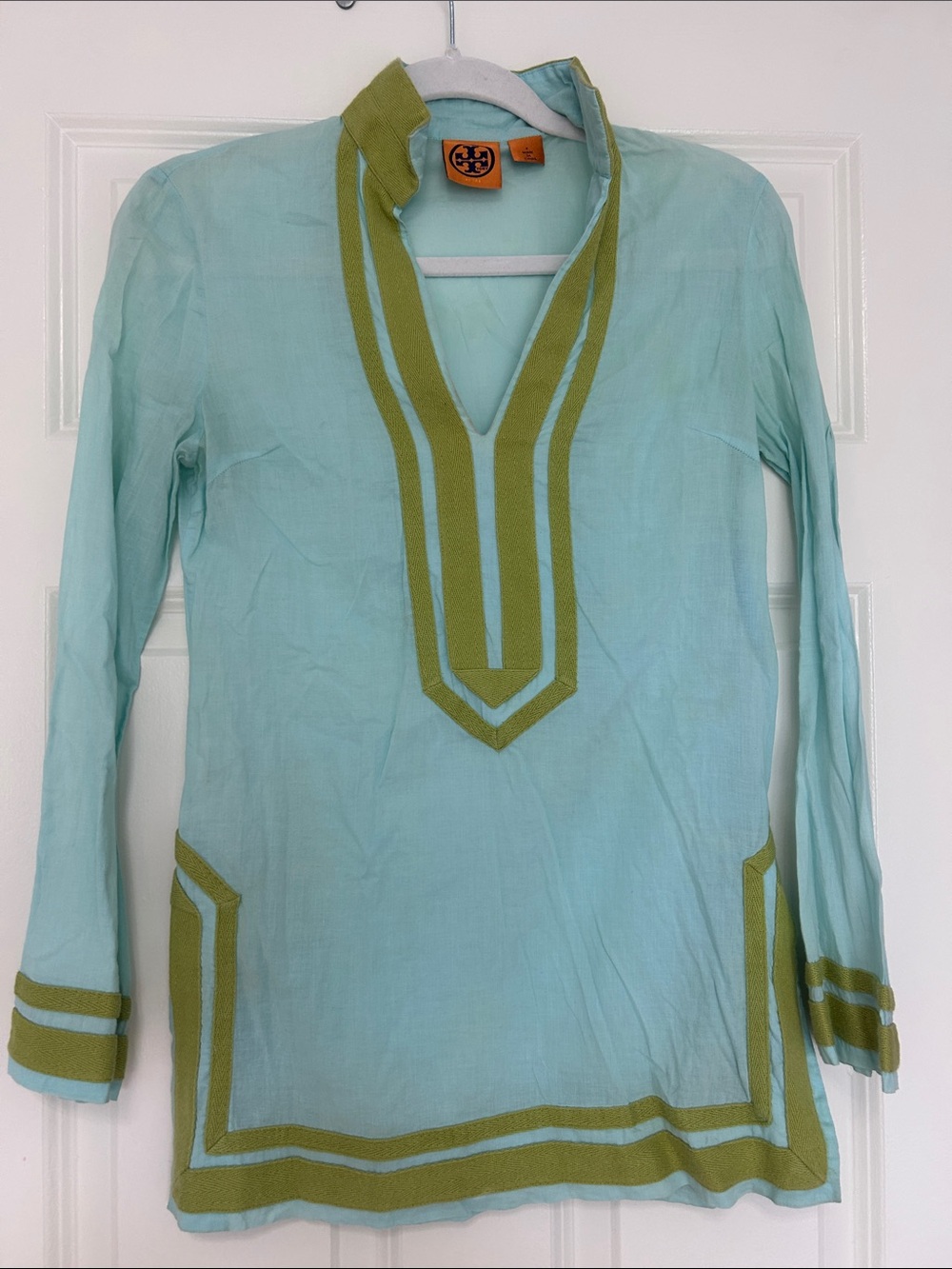 Tory Burch Aqua Tunic with Olive Trim